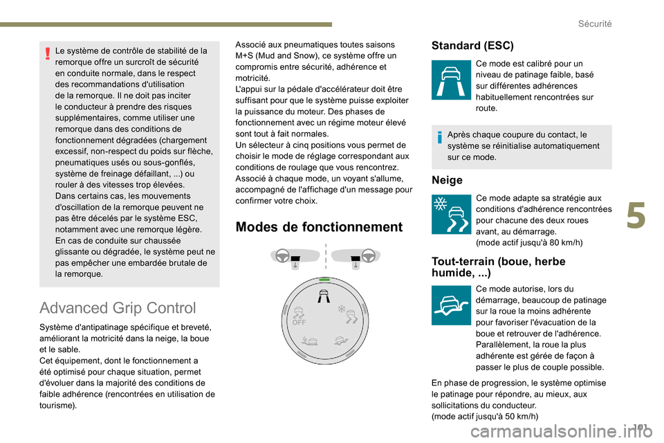 Peugeot Partner 2019  Manuel du propriétaire (in French) 101
Le système de contrôle de stabilité de la 
remorque offre un surcroît de sécurité 
en conduite normale, dans le respect 
des recommandations dutilisation 
de la remorque. Il ne doit pas inc