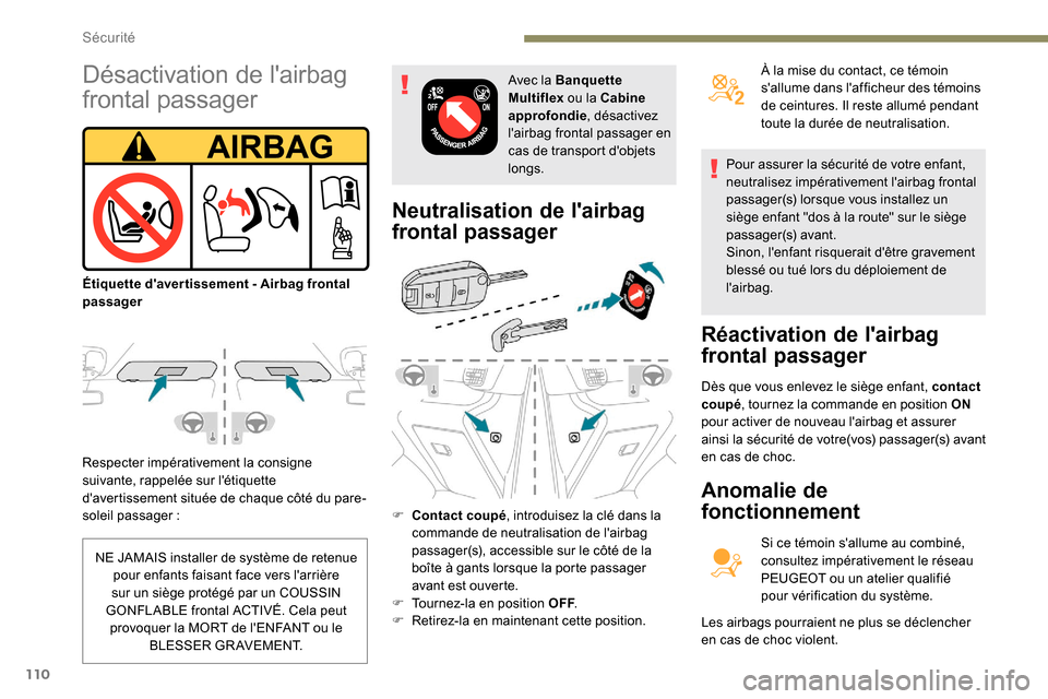Peugeot Partner 2019  Manuel du propriétaire (in French) 110
Respecter impérativement la consigne 
suivante, rappelée sur létiquette 
davertissement située de chaque côté du pare-
soleil passager  :
Neutralisation de lairbag 
frontal passager
F Con