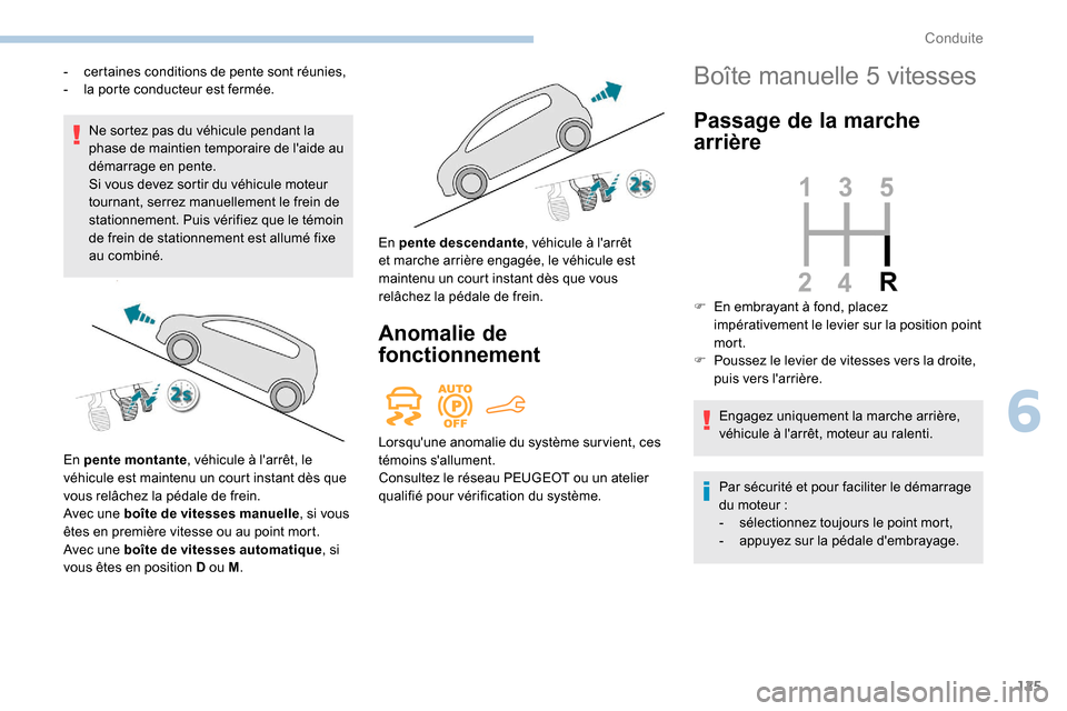 Peugeot Partner 2019  Manuel du propriétaire (in French) 125
Ne sortez pas du véhicule pendant la 
phase de maintien temporaire de laide au 
démarrage en pente.
Si vous devez sortir du véhicule moteur 
tournant, serrez manuellement le frein de 
stationn
