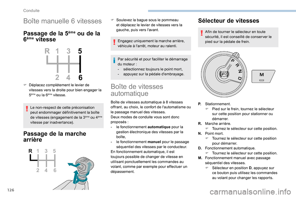 Peugeot Partner 2019  Manuel du propriétaire (in French) 126
Boîte manuelle 6 vitesses
Passage de la 5ème ou de la 
6ème vitesse
F Déplacez complètement le levier de 
vitesses vers la droite pour bien engager la 
5
ème ou la 6ème vitesse.
Le non-resp