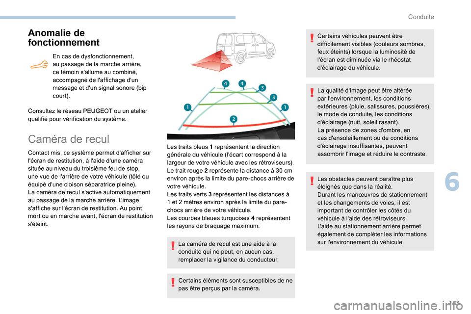 Peugeot Partner 2019  Manuel du propriétaire (in French) 163
Anomalie de 
fonctionnement
En cas de dysfonctionnement, 
au passage de la marche arrière, 
ce témoin sallume au combiné, 
accompagné de laffichage dun 
message et dun signal sonore (bip 
