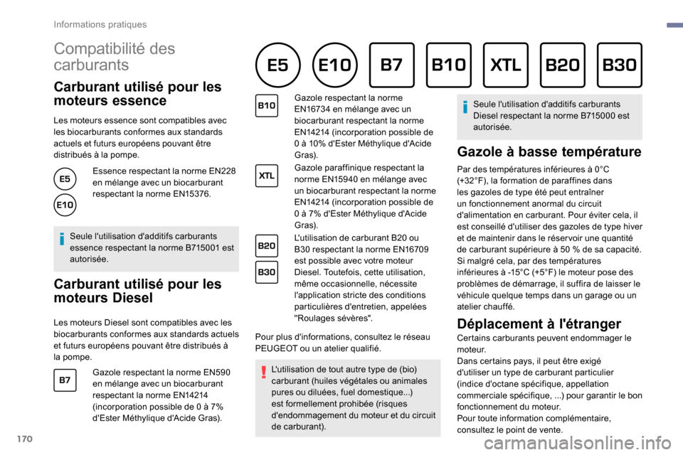 Peugeot Partner 2019  Manuel du propriétaire (in French) 170
Compatibilité des 
carburants      
Carburant utilisé pour les 
moteurs essence
Les moteurs essence sont compatibles avec 
les biocarburants conformes aux standards 
actuels et futurs européens