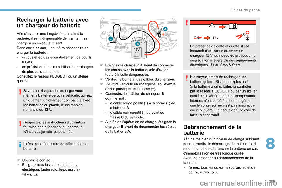 Peugeot Partner 2019  Manuel du propriétaire (in French) 205
Recharger la batterie avec 
un chargeur de batterie
Afin dassurer une longévité optimale à la 
batterie, il est indispensable de maintenir sa 
charge à un niveau suffisant.
Dans certains cas,