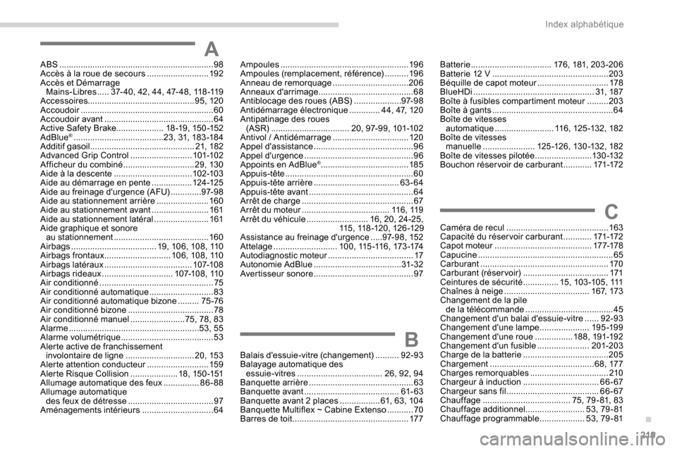 Peugeot Partner 2019  Manuel du propriétaire (in French) 219
ABS .................................................................98
Accès à la roue de secours   ..........................192
Accès et Démarrage   Mains-Libres
 

.....37- 40, 42, 44, 47-