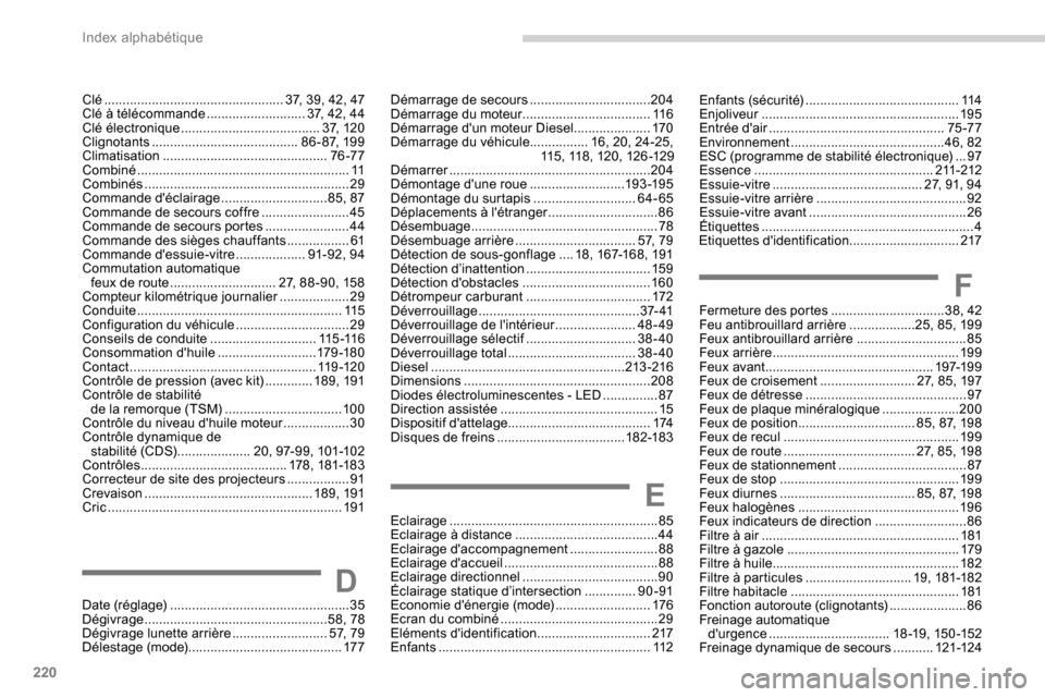 Peugeot Partner 2019  Manuel du propriétaire (in French) 220
Eclairage ......................................................... 85
Eclairage à distance  ....................................... 44
Eclairage daccompagnement
 

........................88
Ec