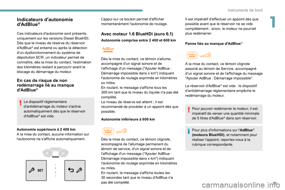 Peugeot Partner 2019  Manuel du propriétaire (in French) 31
Ces indicateurs dautonomie sont présents 
uniquement sur les versions Diesel BlueHDi.
Dès que le niveau de réser ve du réser voir 
dAdBlue
® est entamé ou après la détection 
dun dysfonc
