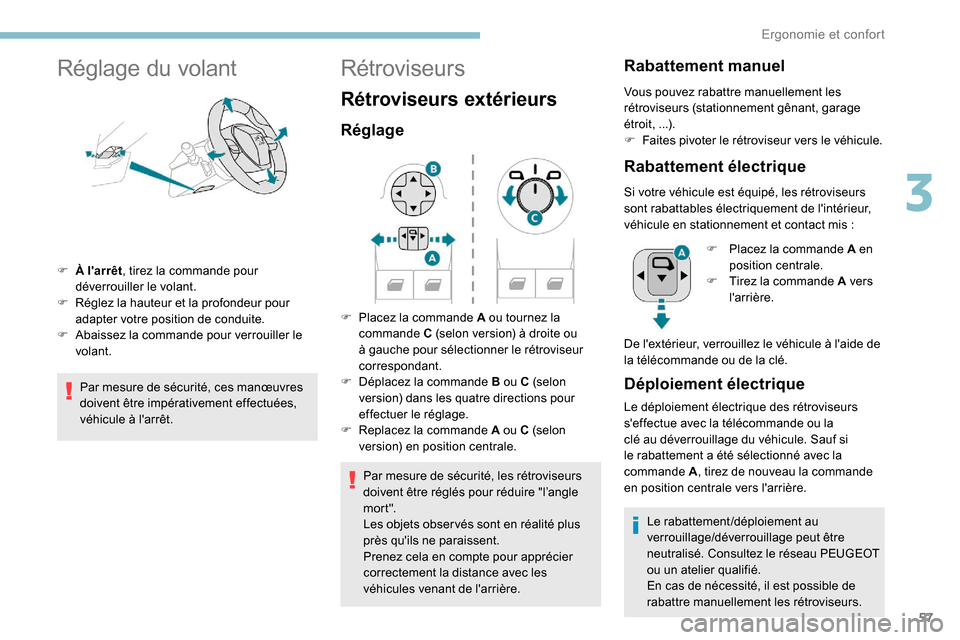 Peugeot Partner 2019  Manuel du propriétaire (in French) 57
Réglage du volant
F À larrêt, tirez la commande pour 
déverrouiller le volant.
F
 
R
 églez la hauteur et la profondeur pour 
adapter votre position de conduite.
F
 
A
 baissez la commande po