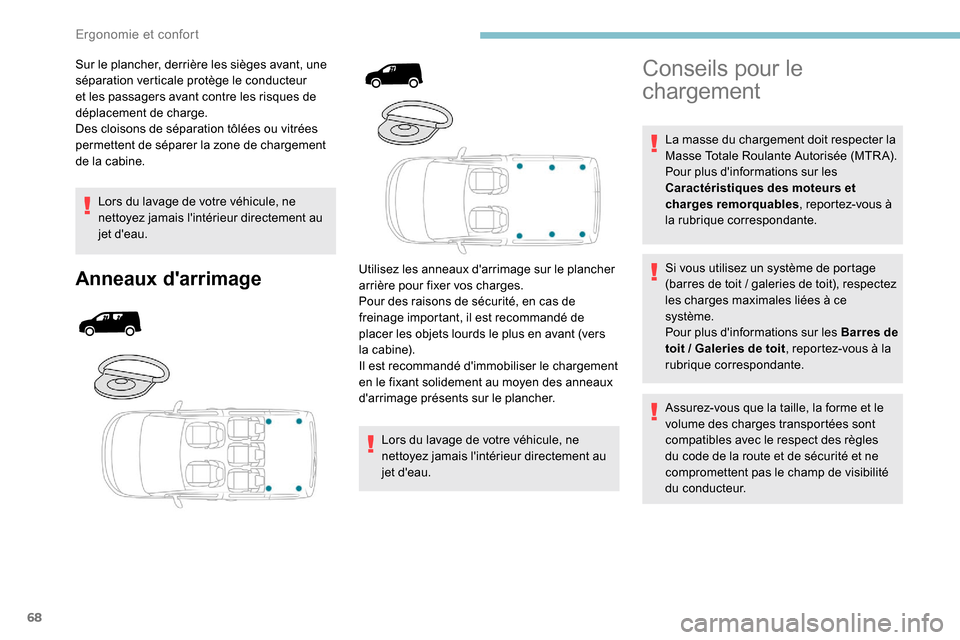 Peugeot Partner 2019  Manuel du propriétaire (in French) 68
Sur le plancher, derrière les sièges avant, une 
séparation verticale protège le conducteur 
et les passagers avant contre les risques de 
déplacement de charge.
Des cloisons de séparation t