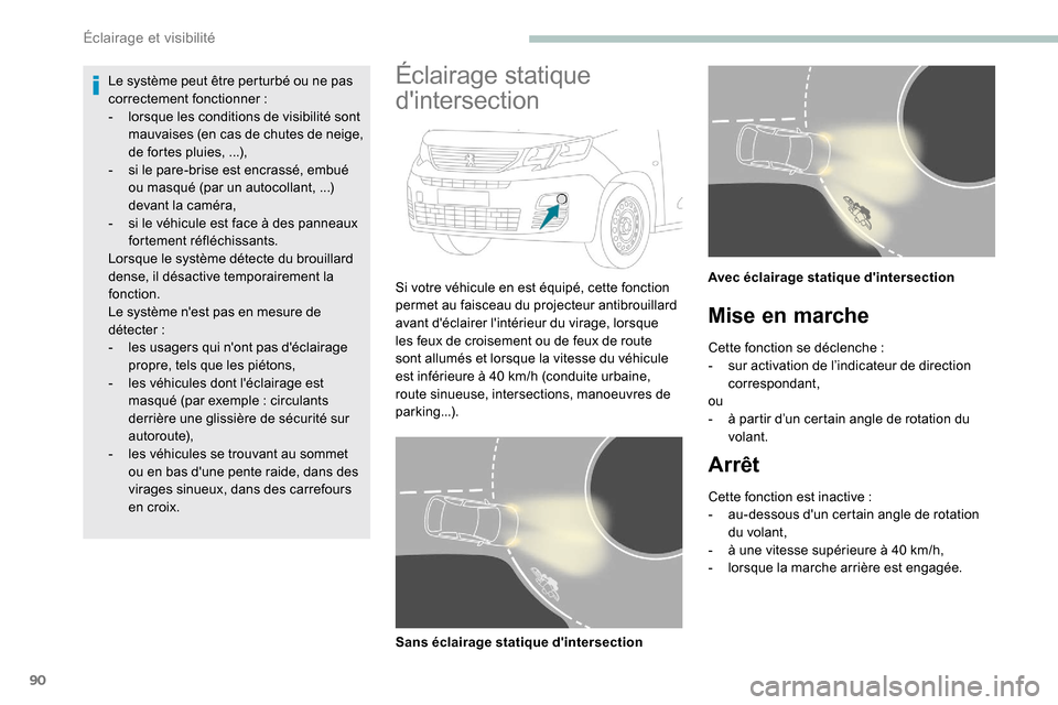 Peugeot Partner 2019  Manuel du propriétaire (in French) 90
Le système peut être perturbé ou ne pas 
correctement fonctionner :
-
 
l
 orsque les conditions de visibilité sont 
mauvaises (en cas de chutes de neige, 
de fortes pluies,
  ...),
-
 
s
 i le