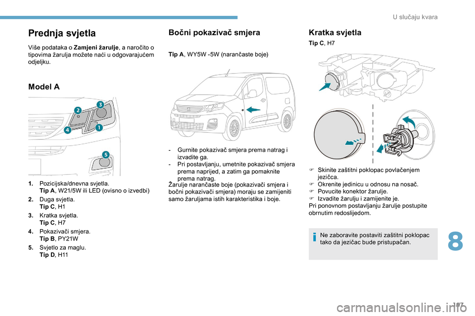 Peugeot Partner 2019 Vodič za korisnike (in Croatian) 197
Prednja svjetla
Više podataka o Zamjeni žarulje, a naročito o
tipovima žarulja možete naći u odgovarajućem
odjeljku.
Model A Bočni pokazivač smjera
Tip A
, W Y5W -5W (narančaste boje)
Peugeot Partner 2019 Vodič za korisnike (in Croatian) 197
Prednja svjetla
Više podataka o Zamjeni žarulje, a naročito o
tipovima žarulja možete naći u odgovarajućem
odjeljku.
Model A Bočni pokazivač smjera
Tip A
, W Y5W -5W (narančaste boje)