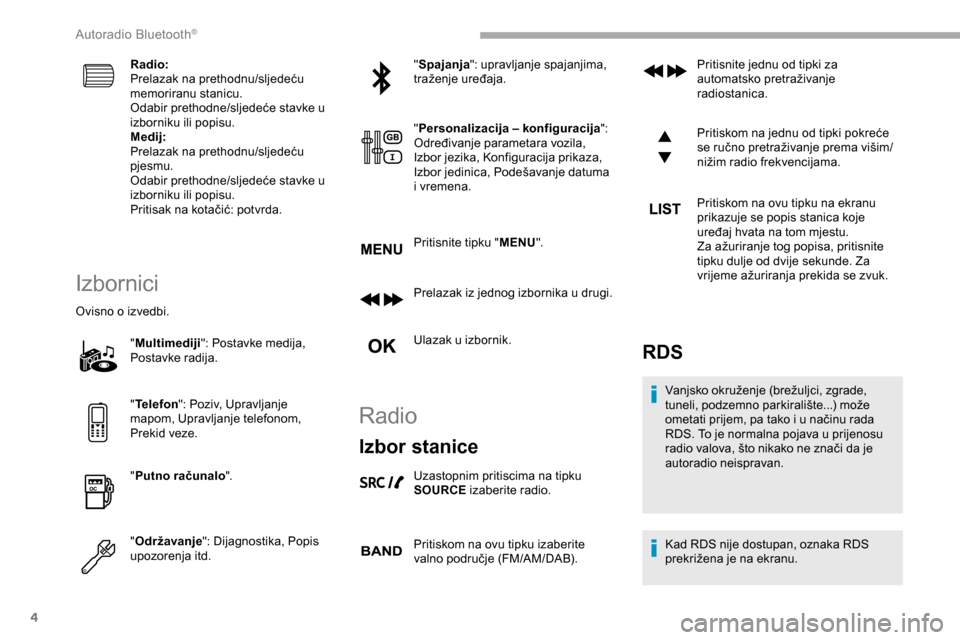 Peugeot Partner 2019 Vodič za korisnike (in Croatian) 4
Radio:
Prelazak na prethodnu/sljedeću
memoriranu stanicu.
Odabir prethodne/sljedeće stavke u
izborniku ili popisu.
Medij:
Prelazak na prethodnu/sljedeću
pjesmu.
Odabir prethodne/sljedeće stav Peugeot Partner 2019 Vodič za korisnike (in Croatian) 4
Radio:
Prelazak na prethodnu/sljedeću
memoriranu stanicu.
Odabir prethodne/sljedeće stavke u
izborniku ili popisu.
Medij:
Prelazak na prethodnu/sljedeću
pjesmu.
Odabir prethodne/sljedeće stav