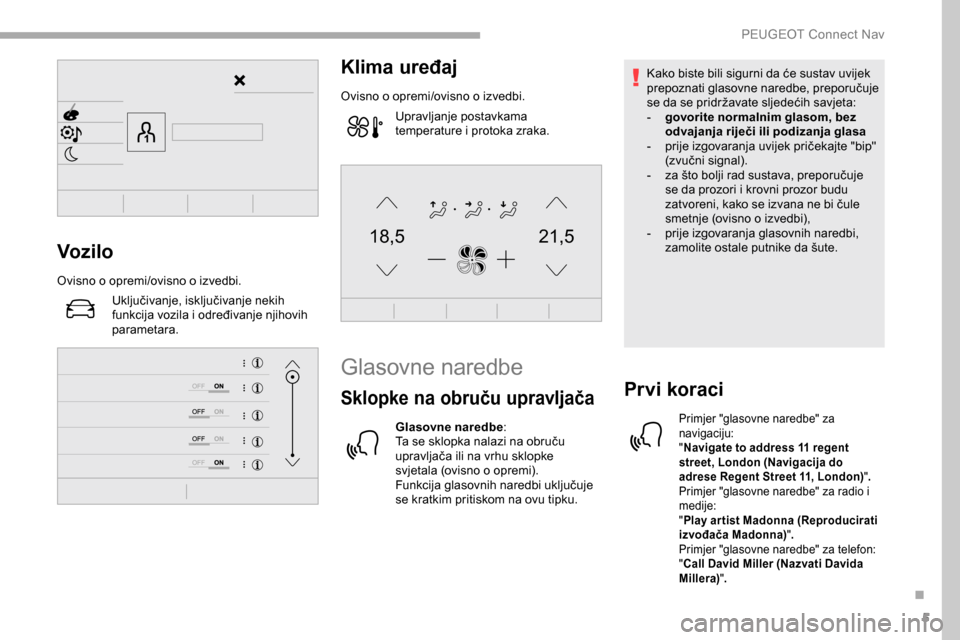 Peugeot Partner 2019 Vodič za korisnike (in Croatian) 5
21,518,5Vozilo
Ovisno o opremi/ovisno o izvedbi.Uključivanje, isključivanje nekih
funkcija vozila i određivanje njihovih
parametara.
Klima uređaj
Ovisno o opremi/ovisno o izvedbi.Upravljanje p Peugeot Partner 2019 Vodič za korisnike (in Croatian) 5
21,518,5Vozilo
Ovisno o opremi/ovisno o izvedbi.Uključivanje, isključivanje nekih
funkcija vozila i određivanje njihovih
parametara.
Klima uređaj
Ovisno o opremi/ovisno o izvedbi.Upravljanje p