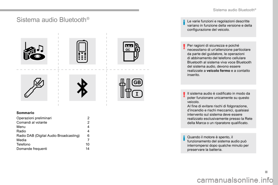 Peugeot Partner 2019  Manuale del proprietario (in Italian) 1
Sistema audio Bluetooth®
Sommario
Operazioni preliminari
 2
C

omandi al volante
 2
M

enu   4
Radio
  4
Radio DAB (Digital Audio Broadcasting)
 
6
M

edia   7
Telefono
 

10
Domande frequenti
 1

