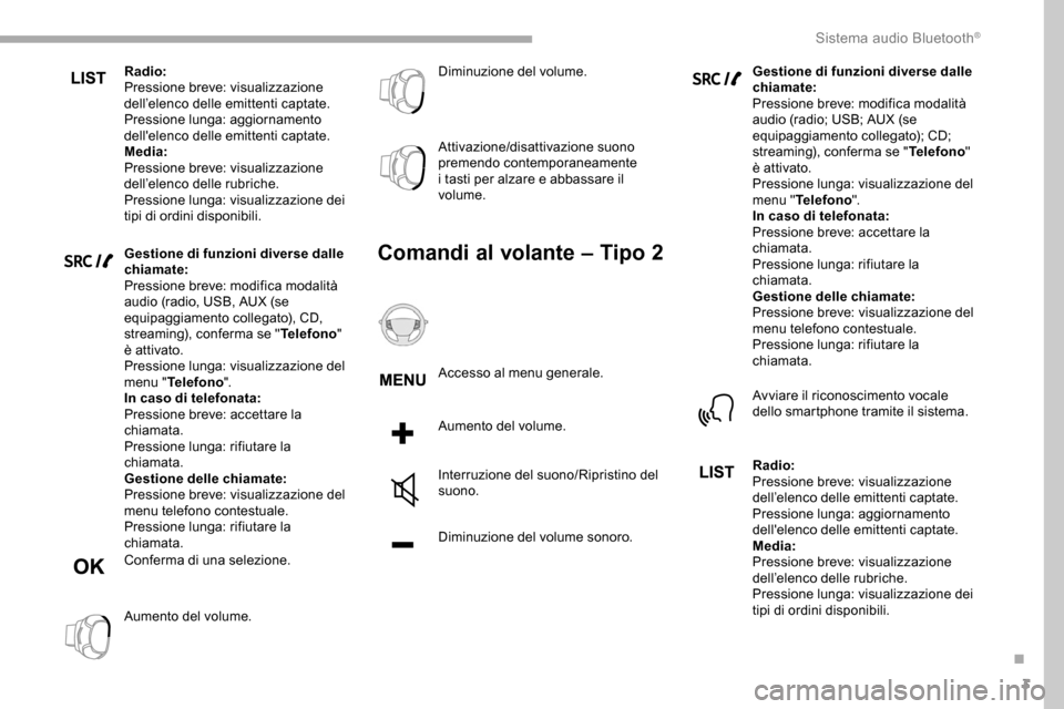 Peugeot Partner 2019  Manuale del proprietario (in Italian) 3
Radio:
Pressione breve: visualizzazione 
dell’elenco delle emittenti captate.
Pressione lunga: aggiornamento 
dellelenco delle emittenti captate.
Media:
Pressione breve: visualizzazione 
dell’e