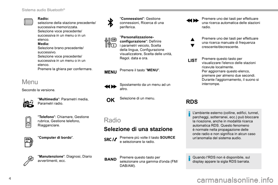 Peugeot Partner 2019  Manuale del proprietario (in Italian) 4
Radio:
selezione della stazione precedente/
successiva memorizzata.
Selezione voce precedente/
successiva in un menu o in un 
elenco.
Media:
Selezione brano precedente/
successivo.
Selezione voce pr
