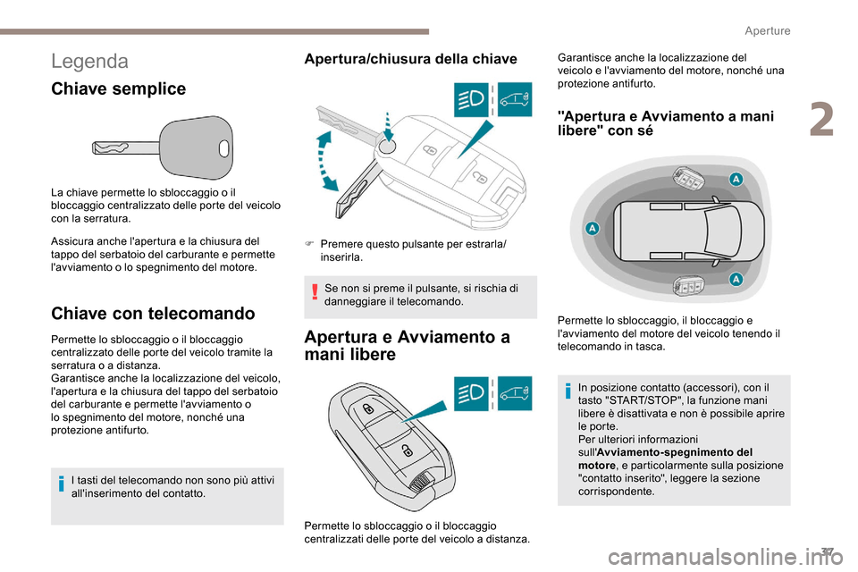 Peugeot Partner 2019 Manuale del proprietario (in Italian) 37
Legenda
Chiave semplice
La chiave permette lo sbloccaggio o il
bloccaggio centralizzato delle porte del veicolo
con la serratura.
Assicura anche lapertura e la chiusura del
tappo del serbatoio Peugeot Partner 2019 Manuale del proprietario (in Italian) 37
Legenda
Chiave semplice
La chiave permette lo sbloccaggio o il
bloccaggio centralizzato delle porte del veicolo
con la serratura.
Assicura anche lapertura e la chiusura del
tappo del serbatoio