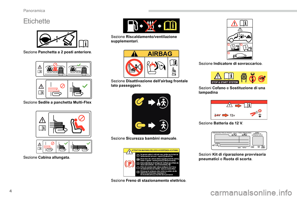 Peugeot Partner 2019  Manuale del proprietario (in Italian) 4
Etichette
Sezione Panchetta a 2 posti anteriore.
Sezione Sedile a panchetta Multi- Flex
Sezione Cabina allungata .Sezione Riscaldamento/ventilazione 
supplementari
.
Sezione Disattivazione dellairb