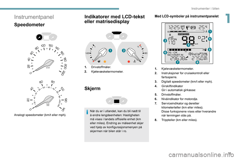 Peugeot Partner 2019  Brukerhåndbok (in Norwegian) 11
Instrumentpanel
Speedometer
Analogt speedometer (km/t eller mph).
Indikatorer med LCD-tekst 
eller matrisedisplay
1.Drivstoffmåler.
2. Kjølevæsketermometer.
Skjerm
Når du er i utlandet, kan du 