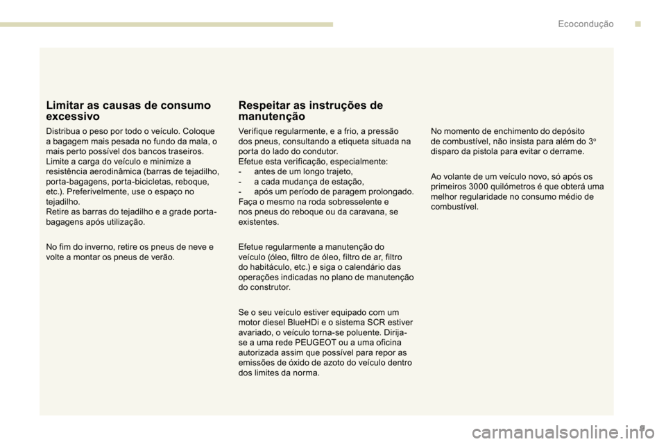 Peugeot Partner 2019 Manual do proprietário (in Portuguese) 9
Limitar as causas de consumo
excessivo
Distribua o peso por todo o veículo. Coloque
a bagagem mais pesada no fundo da mala, o
mais perto possível dos bancos traseiros.
Limite a carga do veícul Peugeot Partner 2019 Manual do proprietário (in Portuguese) 9
Limitar as causas de consumo
excessivo
Distribua o peso por todo o veículo. Coloque
a bagagem mais pesada no fundo da mala, o
mais perto possível dos bancos traseiros.
Limite a carga do veícul