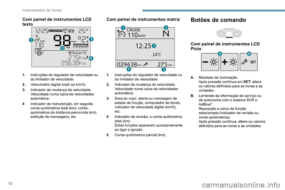 Peugeot Partner 2019 Manual do proprietário (in Portuguese) 12
Com painel de instrumentos LCD
texto
1.Instruções do regulador de velocidade ou
do limitador de velocidade.
2. Velocímetro digital (mph ou km/h).
3. Indicador de mudança de velocidade.
Veloci Peugeot Partner 2019 Manual do proprietário (in Portuguese) 12
Com painel de instrumentos LCD
texto
1.Instruções do regulador de velocidade ou
do limitador de velocidade.
2. Velocímetro digital (mph ou km/h).
3. Indicador de mudança de velocidade.
Veloci