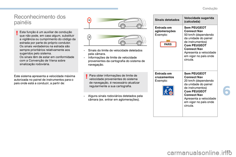 Peugeot Partner 2019  Manual do proprietário (in Portuguese) 133
Reconhecimento dos 
painéis
Esta função é um auxiliar de condução 
que não pode, em caso algum, substituir 
a vigilância ou cumprimento do código da 
estrada por parte do próprio conduto