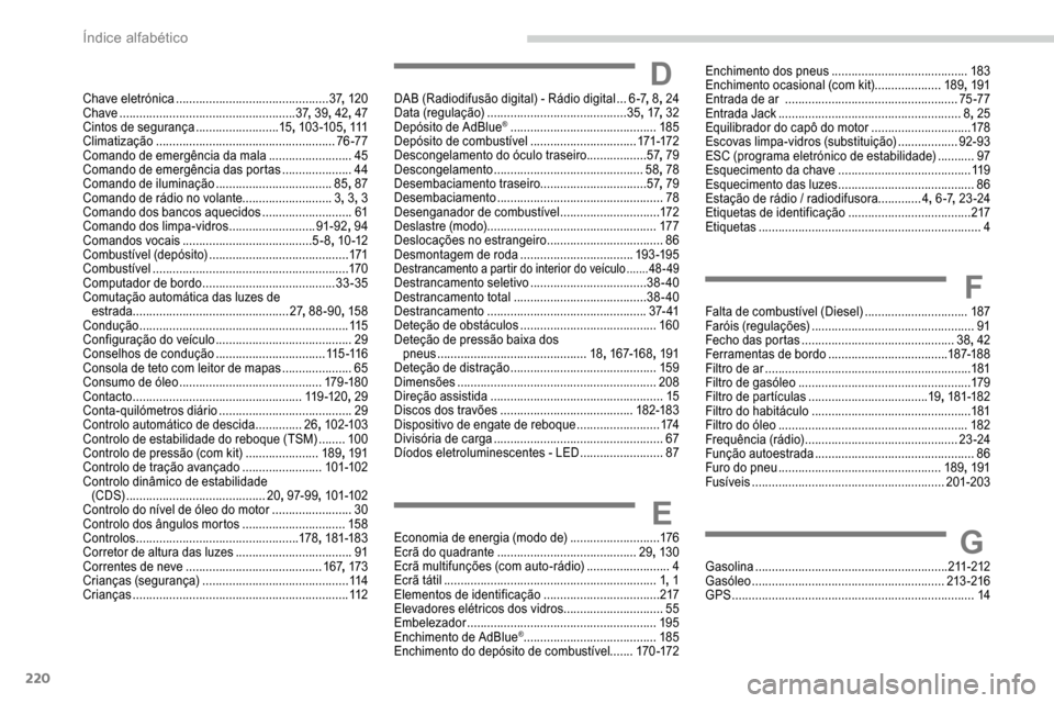 Peugeot Partner 2019  Manual do proprietário (in Portuguese) 220
Chave eletrónica .............................................. 37, 120
Chave  ..................................................... 37, 39 , 42, 47
Cintos de segurança
 ........................