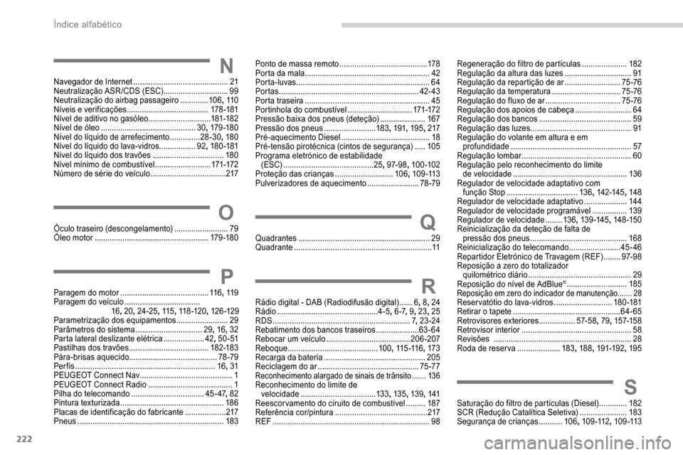 Peugeot Partner 2019  Manual do proprietário (in Portuguese) 222
NNavegador de Internet ............................................ 21
Neutralização ASR /CDS (ESC)   ..............................99
Neutralização do airbag passageiro
 

.............10 6, 