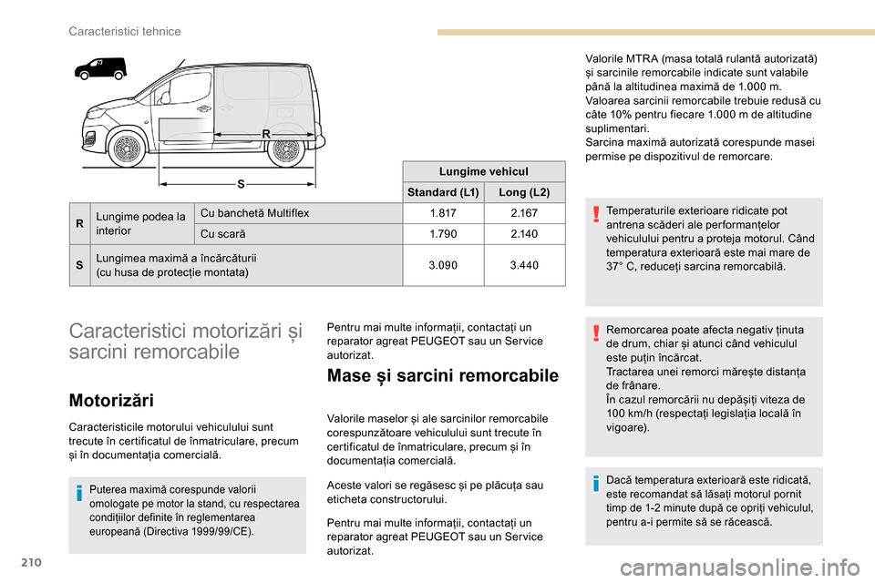 Peugeot Partner 2019 Manualul de utilizare (in Romanian) 210
Lungime vehicul
Standard (L1) Long (L2)
R Lungime podea la
interior Cu banchetă Multiflex
1. 8172 .1 6 7
Cu scară 1.79 02 .14 0
S Lungimea maximă a încărcăturii
(cu husa de protecție monta Peugeot Partner 2019 Manualul de utilizare (in Romanian) 210
Lungime vehicul
Standard (L1) Long (L2)
R Lungime podea la
interior Cu banchetă Multiflex
1. 8172 .1 6 7
Cu scară 1.79 02 .14 0
S Lungimea maximă a încărcăturii
(cu husa de protecție monta