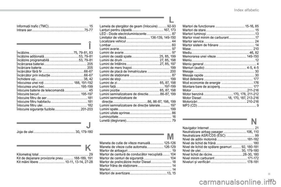 Peugeot Partner 2019  Manualul de utilizare (in Romanian) 221
Informații trafic (TMC) .............................................15
I ntrare aer  ................................... ........................75 -77
ÎÎncălzire ............................