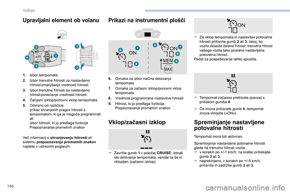 Peugeot Partner 2019  Priročnik za lastnika (in Slovenian) 140
Upravljalni element ob volanu
Več	informacij	o	shranjevanju hitrosti a li 
sistemu prepoznavanja prometnih znakov  
najdete v ustreznih poglavjih. 1.
Izbor tempomata
2. Izbor trenutne hitrosti za Peugeot Partner 2019  Priročnik za lastnika (in Slovenian) 140
Upravljalni element ob volanu
Več	informacij	o	shranjevanju hitrosti a li 
sistemu prepoznavanja prometnih znakov  
najdete v ustreznih poglavjih. 1.
Izbor tempomata
2. Izbor trenutne hitrosti za