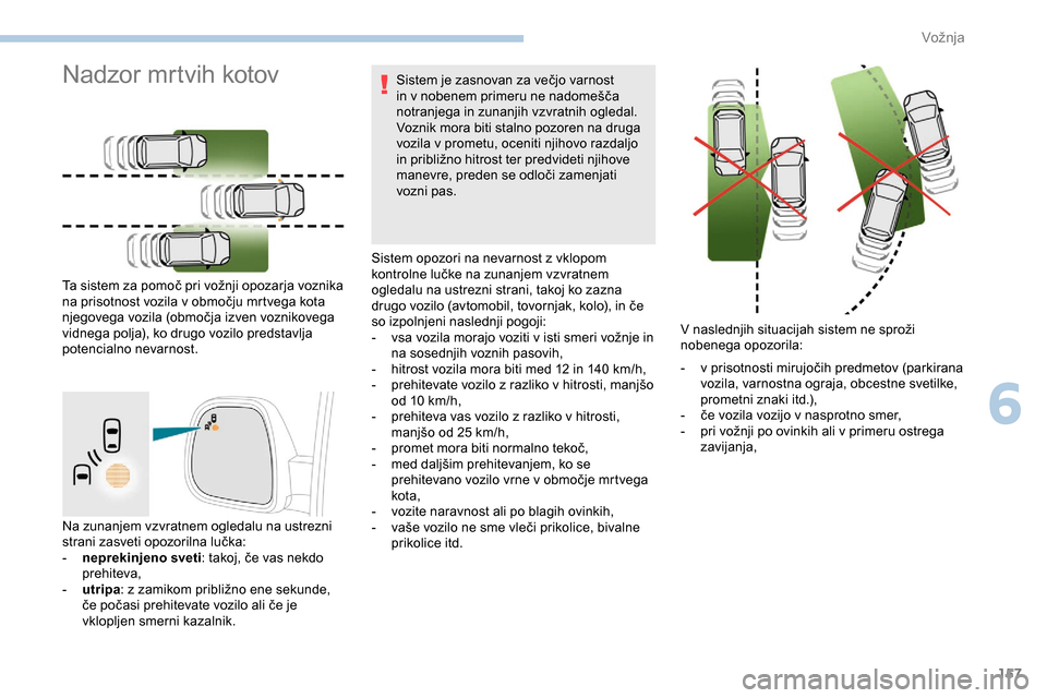 Peugeot Partner 2019  Priročnik za lastnika (in Slovenian) 157
Na zunanjem vzvratnem ogledalu na ustrezni 
strani	 zasveti 	 opozorilna 	 lučka:
-
 
n
 eprekinjeno sveti :
	 takoj, 	 če 	 vas 	 nekdo 	
p
rehiteva,
-
 
u
 tripa :
	 z 	 zamikom 	 približno  Peugeot Partner 2019  Priročnik za lastnika (in Slovenian) 157
Na zunanjem vzvratnem ogledalu na ustrezni 
strani	 zasveti 	 opozorilna 	 lučka:
-
 
n
 eprekinjeno sveti :
	 takoj, 	 če 	 vas 	 nekdo 	
p
rehiteva,
-
 
u
 tripa :
	 z 	 zamikom 	 približno