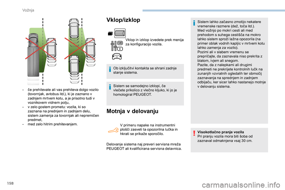 Peugeot Partner 2019  Priročnik za lastnika (in Slovenian) 158
Vklop/izklop
Vklop in izklop izvedete prek menija 
za konfiguracijo vozila.
Ob
	
izključitvi 	 kontakta 	 se 	 shrani 	 zadnje 	
st
anje sistema.
Sistem
	
se 	 samodejno 	 izklopi, 	 če 	
v
le Peugeot Partner 2019  Priročnik za lastnika (in Slovenian) 158
Vklop/izklop
Vklop in izklop izvedete prek menija 
za konfiguracijo vozila.
Ob
	
izključitvi 	 kontakta 	 se 	 shrani 	 zadnje 	
st
anje sistema.
Sistem
	
se 	 samodejno 	 izklopi, 	 če 	
v
le
