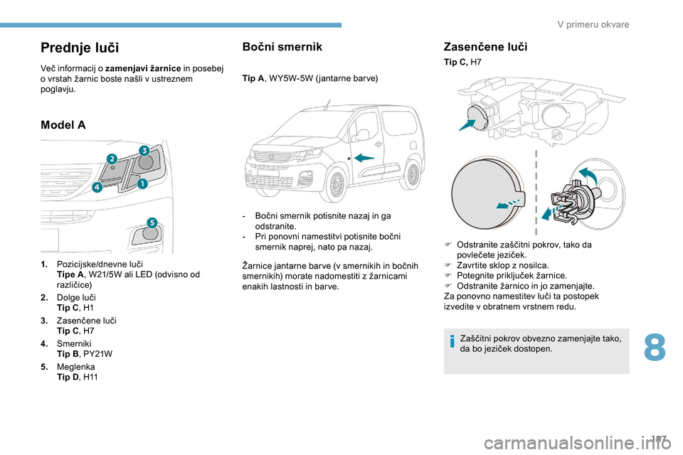 Peugeot Partner 2019  Priročnik za lastnika (in Slovenian) 197
Prednje luči
Več	informacij	o	zamenjavi žarnice in posebej 
o 	 vrstah 	 žarnic 	 boste 	 našli 	 v 	 ustreznem 	
p

oglavju.
Model A Bočni smernik
Tip A
, 	 W Y5W-5W 	 ( jantarne 	 bar ve)
