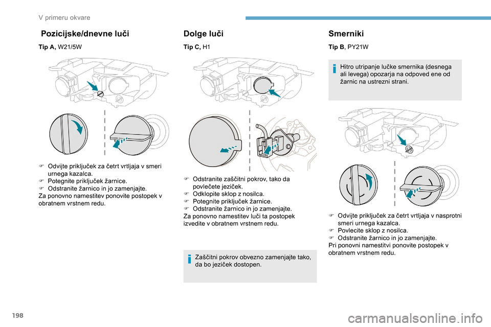 Peugeot Partner 2019  Priročnik za lastnika (in Slovenian) 198
 Pozicijske/dnevne luči
Tip A,	W21/5W
F	 Odvijte	 priključek 	 za 	 četrt 	 vrtljaja 	 v 	 smeri 	
ur

nega kazalca.
F	 Potegnite
	 priključek 	 žarnice.
F	 Odstranite
	 žarnico 	 in 	 jo 	 