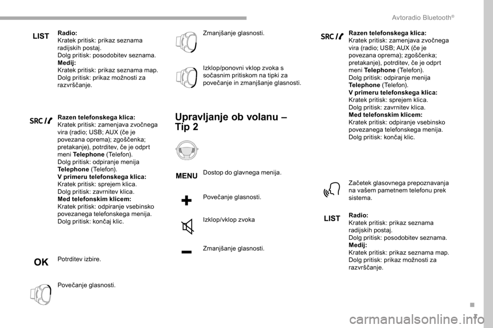 Peugeot Partner 2019  Priročnik za lastnika (in Slovenian) 3
Radio:
Kratek pritisk: prikaz seznama 
radijskih postaj.
Dolg pritisk: posodobitev seznama.
Medij:
Kratek pritisk: prikaz seznama map.
Dolg	 pritisk: 	 prikaz 	 možnosti 	 za 	
ra

zvrščanje.
Raz