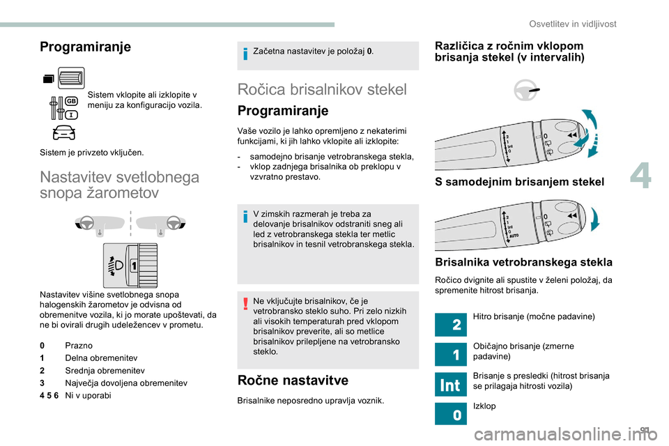 Peugeot Partner 2019  Priročnik za lastnika (in Slovenian) 91
Programiranje
Sistem vklopite ali izklopite v 
meniju za konfiguracijo vozila.
Sistem
	
je
	
privzeto 	 vključen.
Nastavitev svetlobnega 
snopa
	ž
 arometov
Nastavitev	višine	svetlobnega	snopa	h Peugeot Partner 2019  Priročnik za lastnika (in Slovenian) 91
Programiranje
Sistem vklopite ali izklopite v 
meniju za konfiguracijo vozila.
Sistem
	
je
	
privzeto 	 vključen.
Nastavitev svetlobnega 
snopa
	ž
 arometov
Nastavitev	višine	svetlobnega	snopa	h