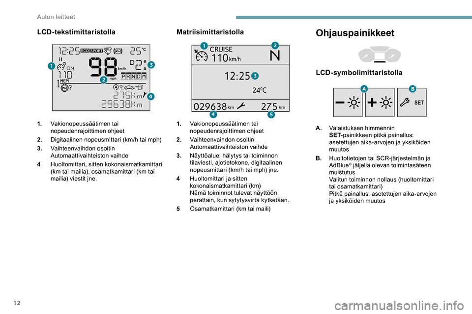 Peugeot Partner 2019 Omistajan käsikirja (in Finnish) 12
LCD-tekstimittaristolla
1.Vakionopeussäätimen tai
nopeudenrajoittimen ohjeet
2. Digitaalinen nopeusmittari (km/h tai mph)
3. Vaihteenvaihdon osoitin
Automaattivaihteiston vaihde
4 Huoltomittari, Peugeot Partner 2019 Omistajan käsikirja (in Finnish) 12
LCD-tekstimittaristolla
1.Vakionopeussäätimen tai
nopeudenrajoittimen ohjeet
2. Digitaalinen nopeusmittari (km/h tai mph)
3. Vaihteenvaihdon osoitin
Automaattivaihteiston vaihde
4 Huoltomittari,