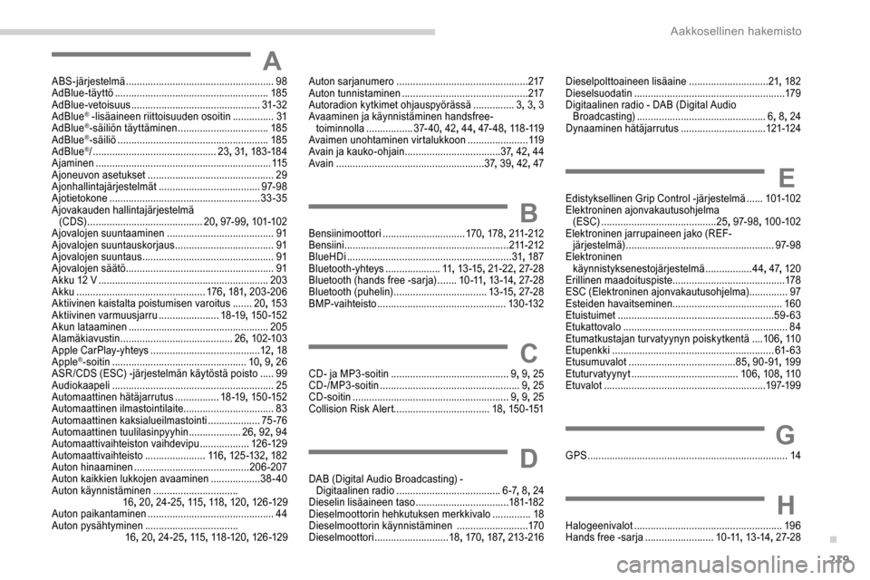 Peugeot Partner 2019 Omistajan käsikirja (in Finnish) 219
AABS-järjestelmä ...................................................... 98
AdBlue-täyttö .................................. ......................185
AdBlue-vetoisuus
...................... Peugeot Partner 2019 Omistajan käsikirja (in Finnish) 219
AABS-järjestelmä ...................................................... 98
AdBlue-täyttö .................................. ......................185
AdBlue-vetoisuus
......................