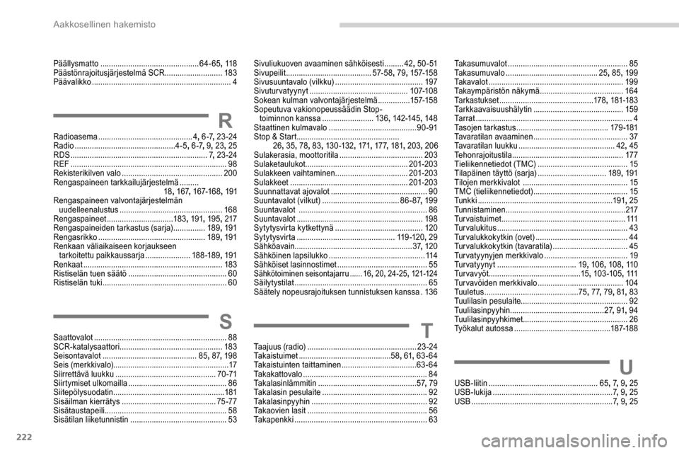 Peugeot Partner 2019 Omistajan käsikirja (in Finnish) 222
Päällysmatto .............................................. 64-65, 11 8
Päästönrajoitusjärjestelmä SCR ...........................183
Päävalikko
....................................... Peugeot Partner 2019 Omistajan käsikirja (in Finnish) 222
Päällysmatto .............................................. 64-65, 11 8
Päästönrajoitusjärjestelmä SCR ...........................183
Päävalikko
.......................................