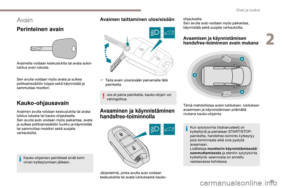 Peugeot Partner 2019 Omistajan käsikirja (in Finnish) 37
Avain
Perinteinen avain
Avaimella voidaan keskuslukita tai avata auton
lukitus oven lukosta.
Sen avulla voidaan myös avata ja sulkea
polttoainesäiliön tulppa sekä käynnistää ja
sammuttaa Peugeot Partner 2019 Omistajan käsikirja (in Finnish) 37
Avain
Perinteinen avain
Avaimella voidaan keskuslukita tai avata auton
lukitus oven lukosta.
Sen avulla voidaan myös avata ja sulkea
polttoainesäiliön tulppa sekä käynnistää ja
sammuttaa