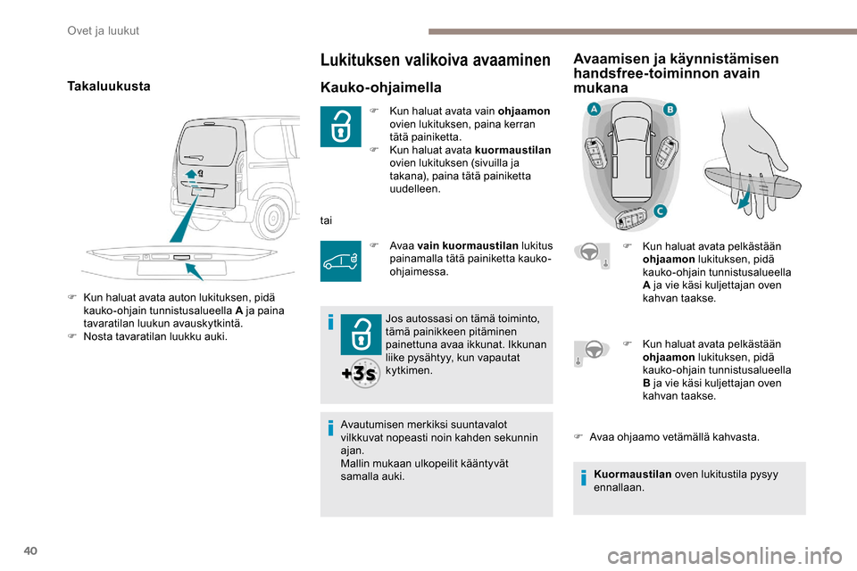 Peugeot Partner 2019 Omistajan käsikirja (in Finnish) 40
Lukituksen valikoiva avaaminen
Kauko-ohjaimella
F Kun haluat avata vain ohjaamon
ovien lukituksen, paina kerran
tätä painiketta.
F
K
un haluat avata kuormaustilan
ovien lukituksen (sivuill Peugeot Partner 2019 Omistajan käsikirja (in Finnish) 40
Lukituksen valikoiva avaaminen
Kauko-ohjaimella
F Kun haluat avata vain ohjaamon
ovien lukituksen, paina kerran
tätä painiketta.
F
K
un haluat avata kuormaustilan
ovien lukituksen (sivuill