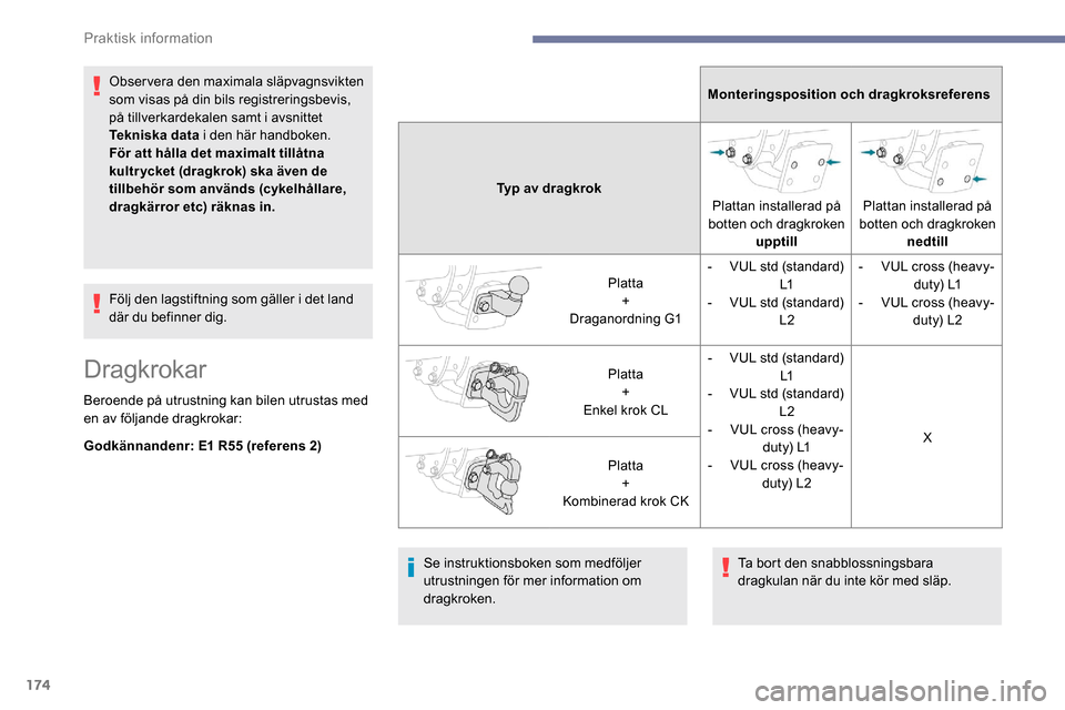 Peugeot Partner 2019  Ägarmanual (in Swedish) 174
Observera den maximala släpvagnsvikten 
som visas på din bils registreringsbevis, 
på tillverkardekalen samt i avsnittet 
Tekniska data i den här handboken.
För att hålla det maximalt tillå