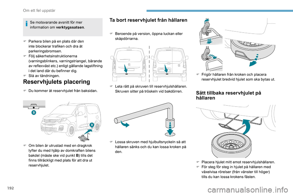 Peugeot Partner 2019 Ägarmanual (in Swedish) 192
Reservhjulets placering
F Du kommer åt reser vhjulet från baksidan.
F
O
m bilen är utrustad med en dragkrok
lyfter du med hjälp av domkraften bilens
bakdel (måste ske vid punkt B ) tills Peugeot Partner 2019 Ägarmanual (in Swedish) 192
Reservhjulets placering
F Du kommer åt reser vhjulet från baksidan.
F
O
m bilen är utrustad med en dragkrok
lyfter du med hjälp av domkraften bilens
bakdel (måste ske vid punkt B ) tills