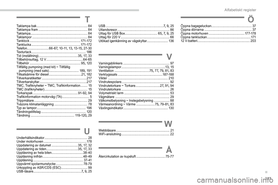 Peugeot Partner 2019  Ägarmanual (in Swedish) 223
TTaklampa bak .......................................................... 84
Taklampa fram  ........................................................ 84
Taklampa
 

.................................