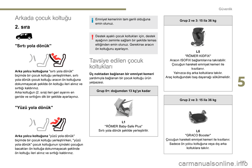 Peugeot Partner 2019 Kullanım Kılavuzu (in Turkish) 111
Arkada çocuk koltuğu
2. sıra
"Sırtı yola dönük"
"Yüzü yola dönük"
Emniyet kemerinin tam gerili olduğuna
emin olunuz.
Destek ayaklı çocuk koltukları için, destek
ayağının zemin Peugeot Partner 2019 Kullanım Kılavuzu (in Turkish) 111
Arkada çocuk koltuğu
2. sıra
"Sırtı yola dönük"
"Yüzü yola dönük"
Emniyet kemerinin tam gerili olduğuna
emin olunuz.
Destek ayaklı çocuk koltukları için, destek
ayağının zemin