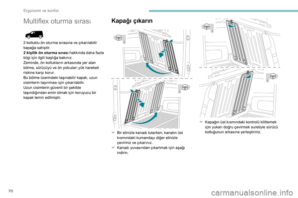 Peugeot Partner 2019  Kullanım Kılavuzu (in Turkish) 70
Multiflex oturma sırasıKapağı çıkarın
F Bir elinizle kanadı tutarken, kanatın üst kısmındaki kumandayı diğer elinizle 
çeviriniz ve çıkarınız.
F
 
K
 anadı yuvasından çıkartm