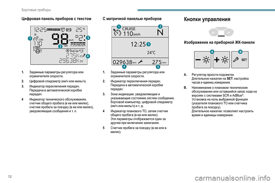 Peugeot Partner 2019  Инструкция по эксплуатации (in Russian) 12
Цифровая панель приборов с текстом
1.Заданные параметры рег улятора или 
ограничителя скорости.
2. Цифровой 