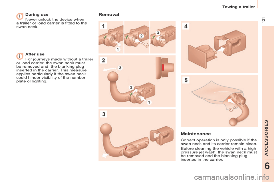 Peugeot Partner 2017  Owners Manual  121
Towing a trailer
Partner-2-VU_en_Chap06_Accessoire_ed02-2016
During use
Never unlock the device when 
a trailer or load carrier is fitted to the 
swan neck.
After use
For journeys made without a 
