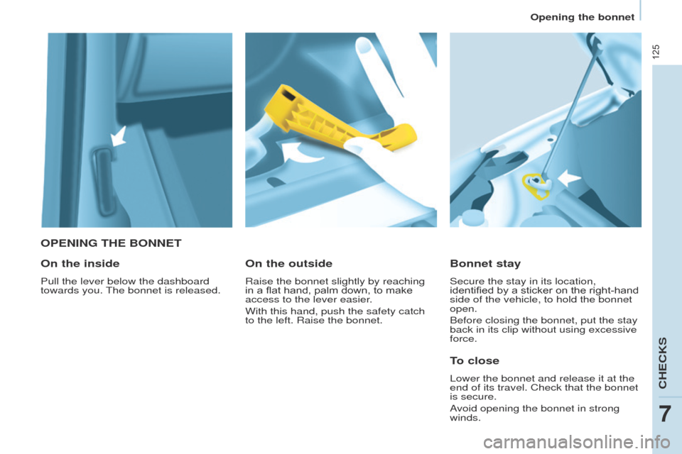 Peugeot Partner 2017  Owners Manual 125
Partner-2-VU_en_Chap07_Verification_ed02-2016
OPENING THE BONNET
Bonnet stay
Secure the stay in its location, 
identified by a sticker on the right-hand 
side of the vehicle, to hold the bonnet 
o