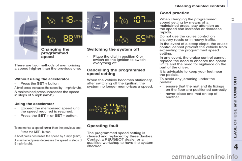 Peugeot Partner 2017 Owners Manual 63
Partner-2-VU_en_Chap04_Ergonomie_ed02-2016
Changing the
programmed
speedSwitching the system off
Operating fault Cancelling the programmed
speed setting
When the vehicle becomes stationary,
af Peugeot Partner 2017 Owners Manual 63
Partner-2-VU_en_Chap04_Ergonomie_ed02-2016
Changing the
programmed
speedSwitching the system off
Operating fault Cancelling the programmed
speed setting
When the vehicle becomes stationary,
af